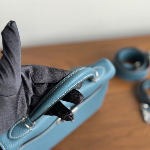 Denim Blue  25cm Leather Touch Bag w/ Silver HW Lock Key Satchel
